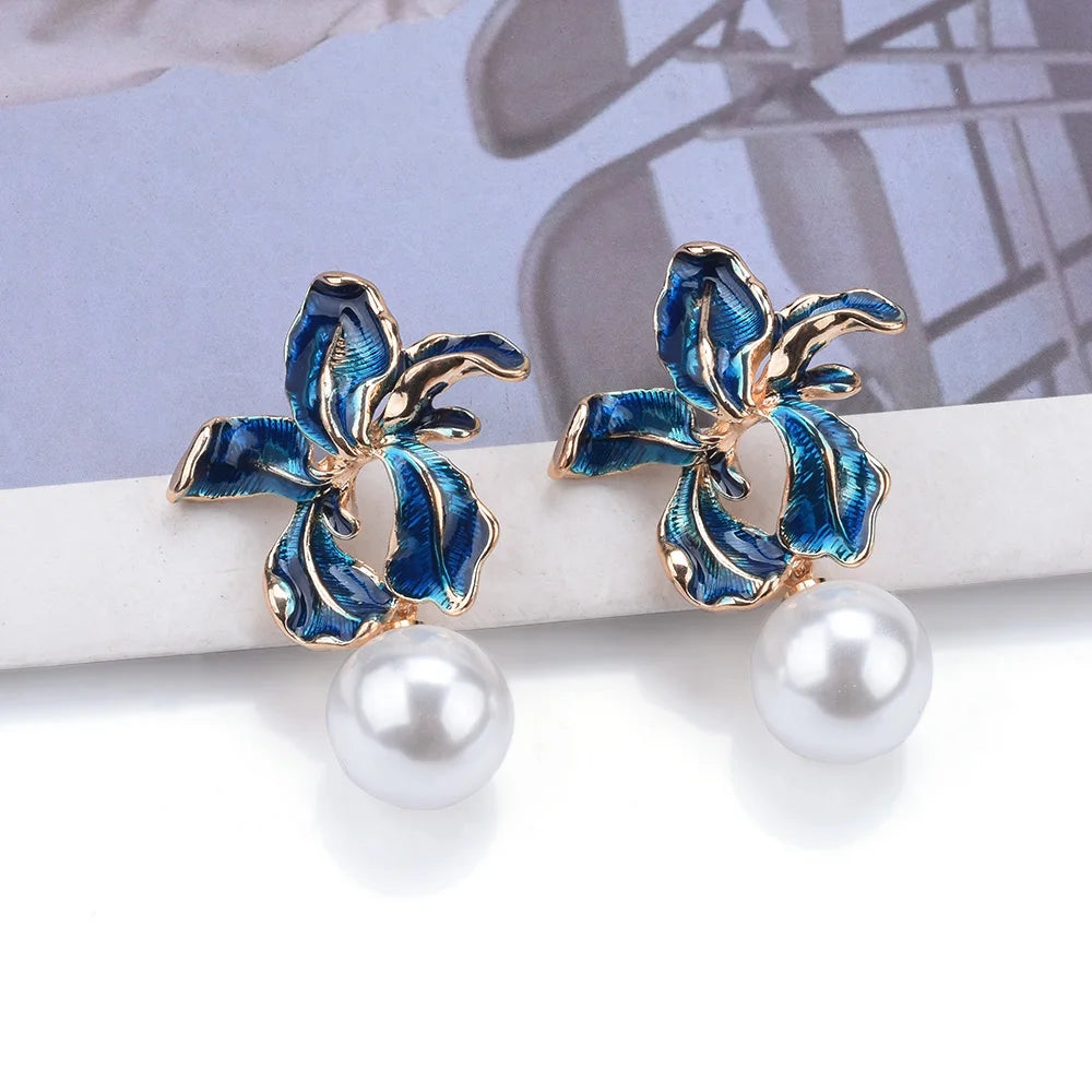 2024 New Fashion Blue Enamel Drip Oil Flower Shape Earrings Women Cute Faux Pearl Ball Dangle Earrings Indian Statement Jewelry