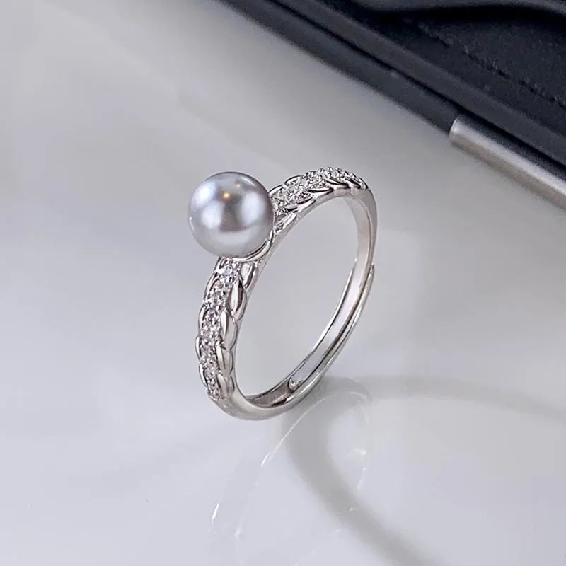 Luxury Wheat Ear Zircon Rings for Women Adjustable Exquisite Shiny Grey White Pearl Finger Ring Wedding Jewelry Gifts