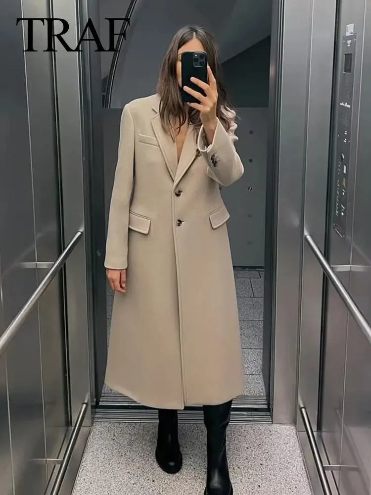 TRAF 2024 Women Fashion Winter Coats Turn Down Collar Loose Long Cardigan Coat Woman With Pockets Outerwear Female Jacket