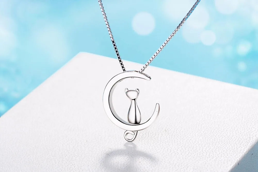 925 Sterling Silver Necklace For Women Moon Kitten Cat Necklaces & Pendants Link Chain Kolye S-n187