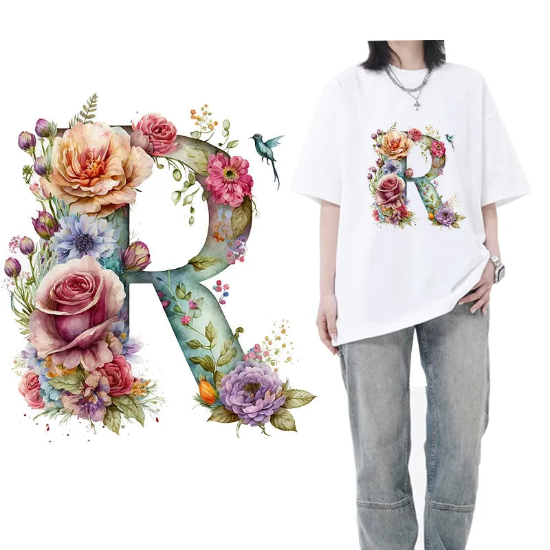 Retro Flower A-Z letter visual design iron on transfer for clothing dtf transfers ready to press Heat Transfer Printi