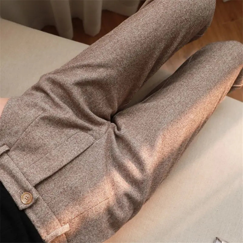 Woolen Pants Women Casual High Waist Korean Pencil Pantalones Spring Fall Office Lady Blend Ol Harem Button Up Solid Trousers