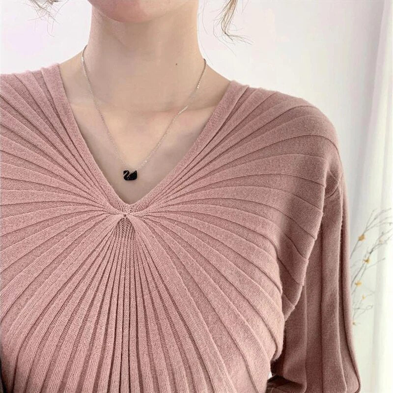 Biyaby Long Loose Knit Dresses for Women 2023 Autumn Winter V-Neck Sweater Dress Female Korean Style Popular Waist Primer Dress