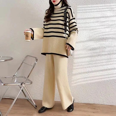 Women Set 2023 New Loose Turtleneck Knitted Pullover + High Waist Knitted Wide-leg Pants Two-piece Set