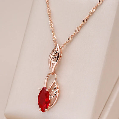 Kinel Luxury Red Natural Zircon Pendant Necklace For Women 585 Rose Gold Color Vintage Flower Wedding Party Fine Daily Jewelry