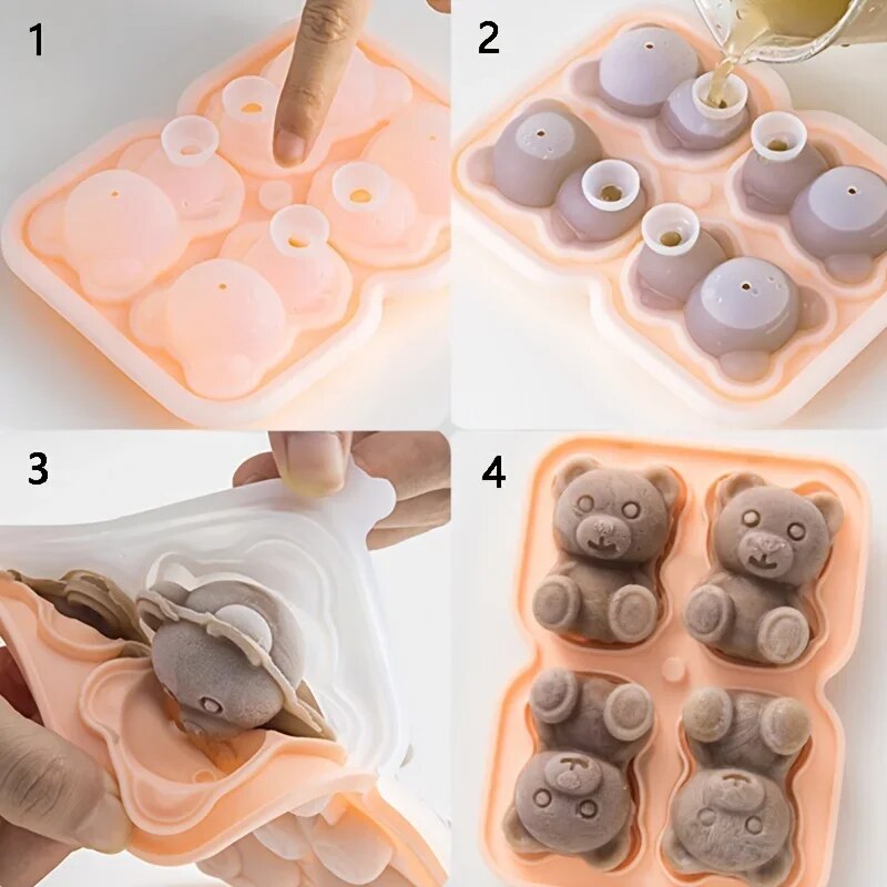 4 Grid 3D Little Teddy Bear Shape Ice Cube Silicone Mold