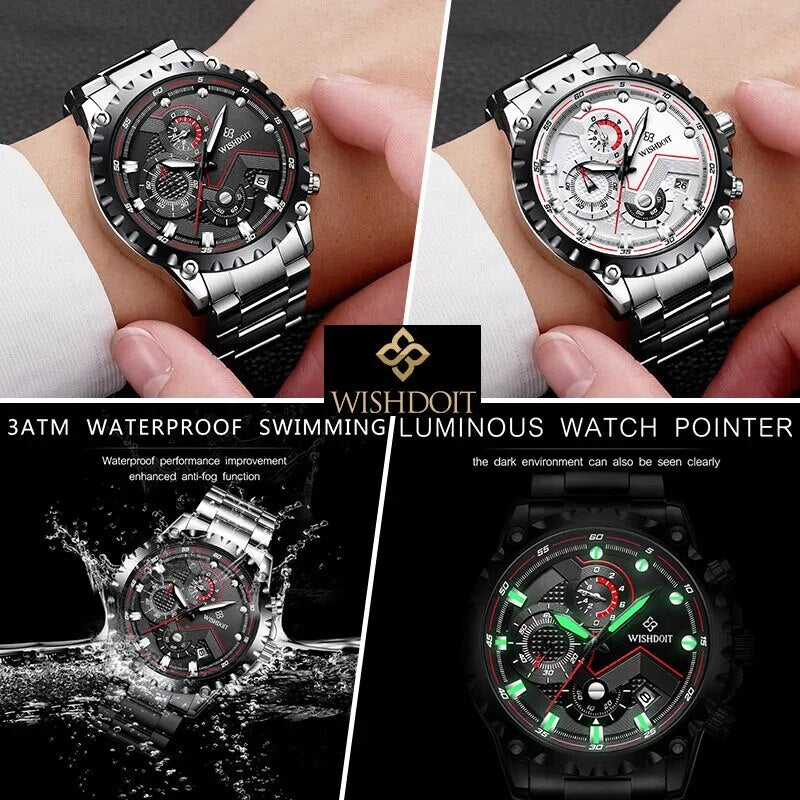 WISHDOIT Original Watch for Men TOP Brand Waterproof Sports Stainless Steel Chronograph 2022New Fashion Luxury Wrist Watches