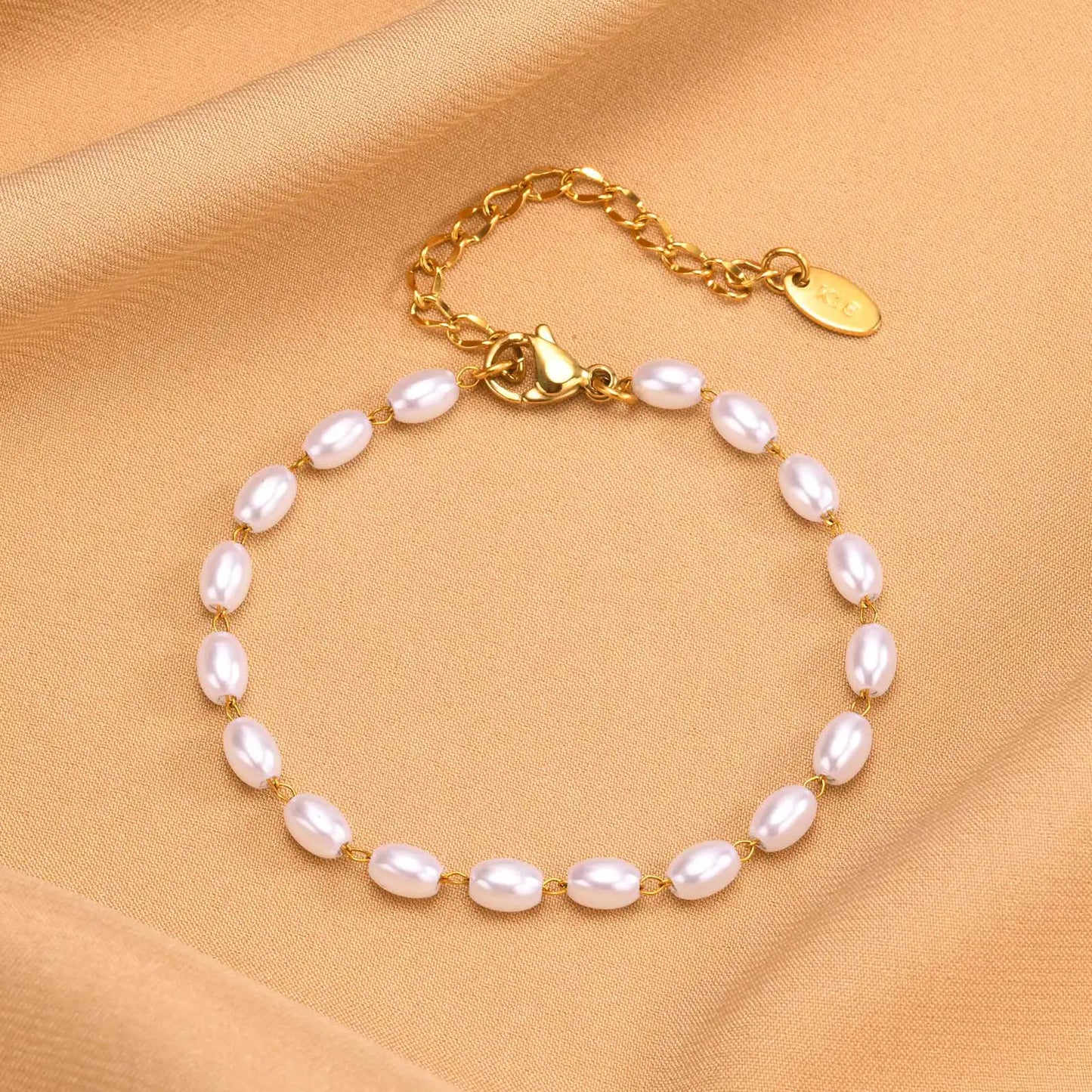 Pearl Bracelet 18k Gold Plated, Stainless Steel Chain Adjustable Friendship Gift for Women