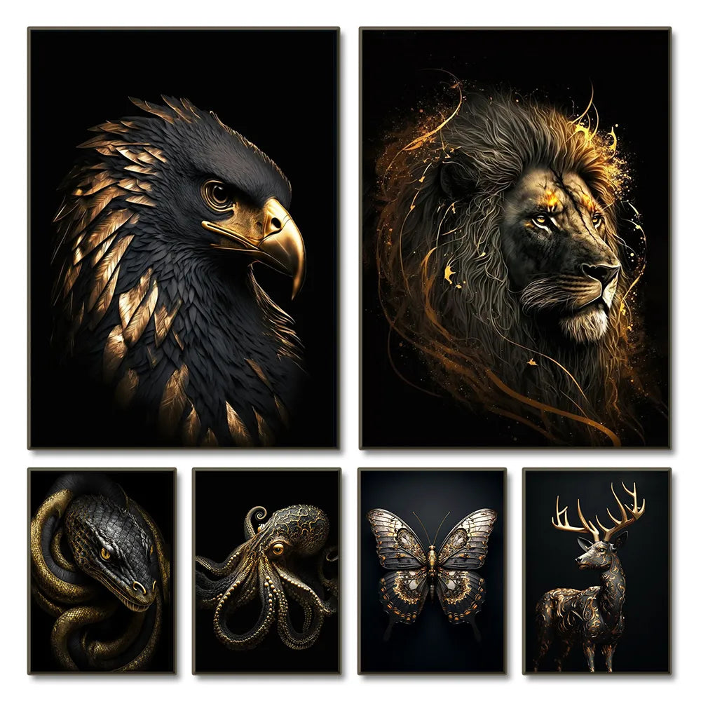 Black Gold Eagle Lion Canvas Painting Metal Poster Wall Art Nordic Deer Tiger Wolf Swan Aesthetic Picture for Living Room Decor