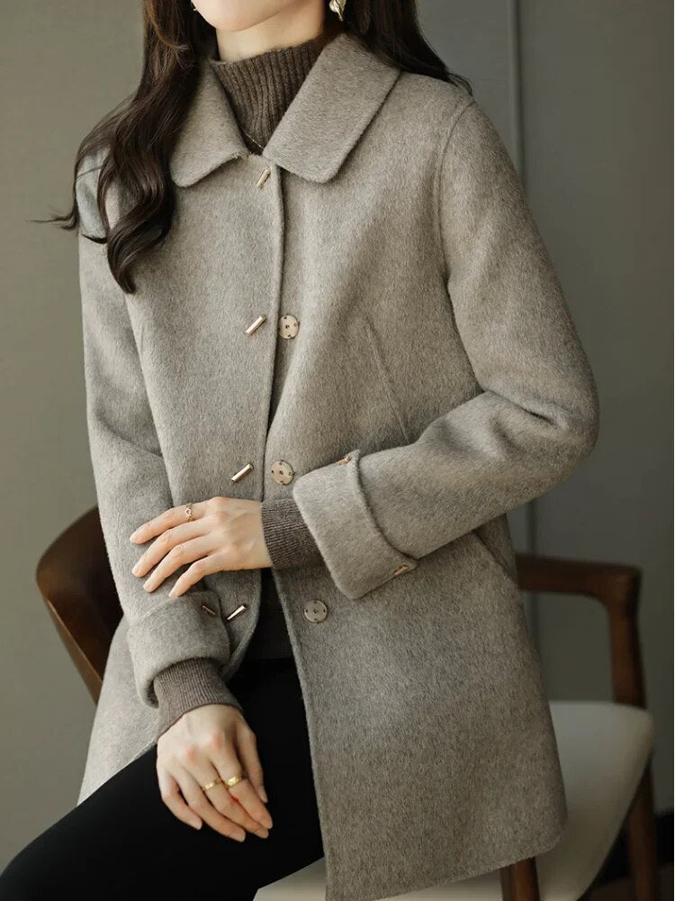 Elegant Women's Overcoat Solid New Pocket Loose Warm Autumn/Winter Jacket Women Promotion Slim Long Sleeved Wool Coat Women