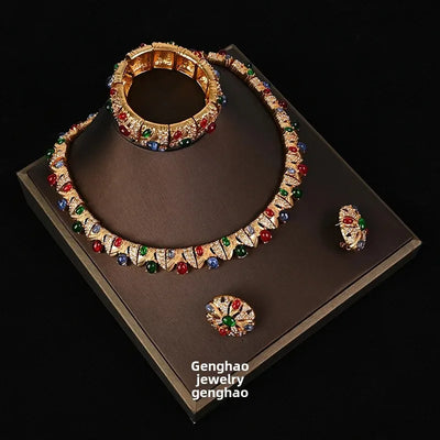 Vintage Copper Inlaid Rhinestone Colorful Necklace Earrings Bracelet Fashionable Light Luxury Elegant Unique Suit Jewelry Set