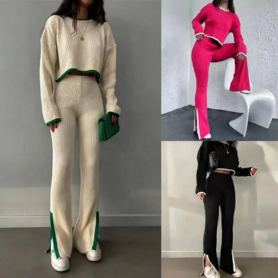 Women Sweater Flare Pant Set Casual Pullovers Suits Autumn Winter Knitted Long Sleeve Elegance  Tops Elastic Sweater pants