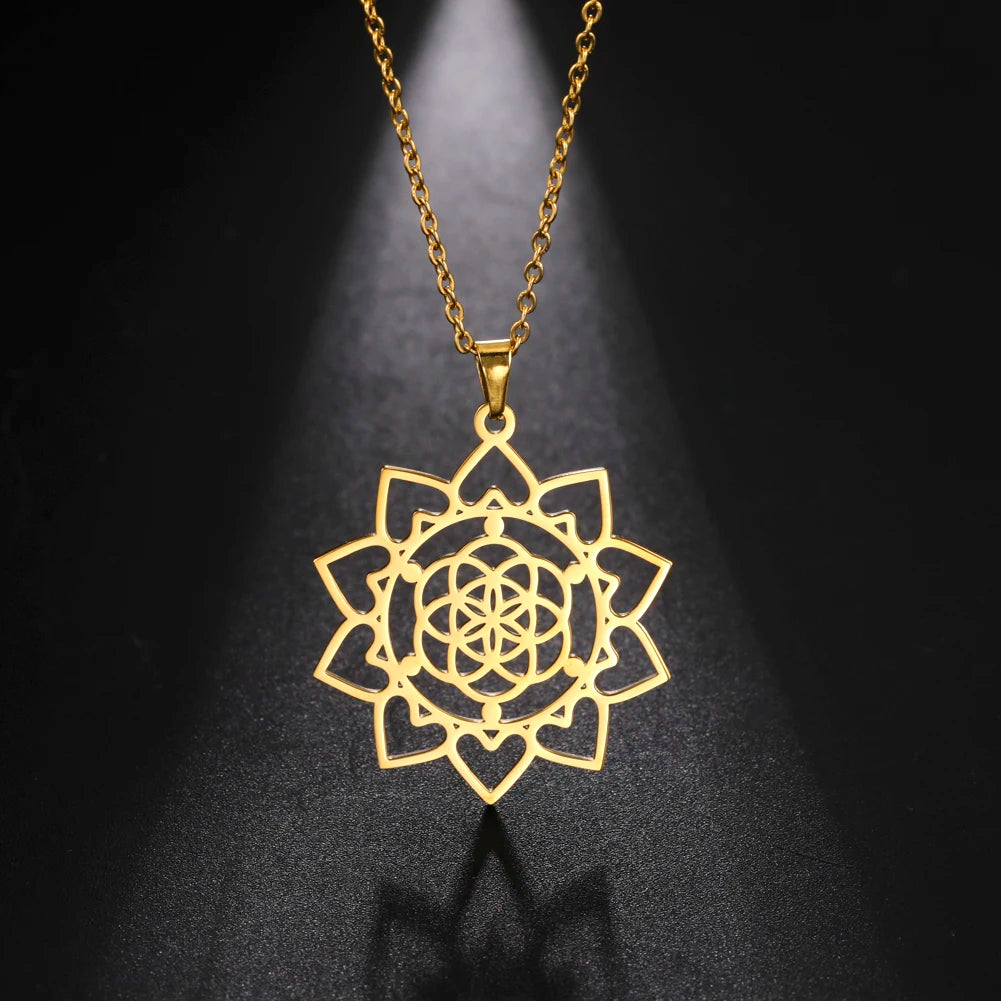 Gold Plated Flower of Life Pendant Necklace for Women Mandala Chakra Stainless Steel Charms Jewelry Sacred Geometry Amulet Gift