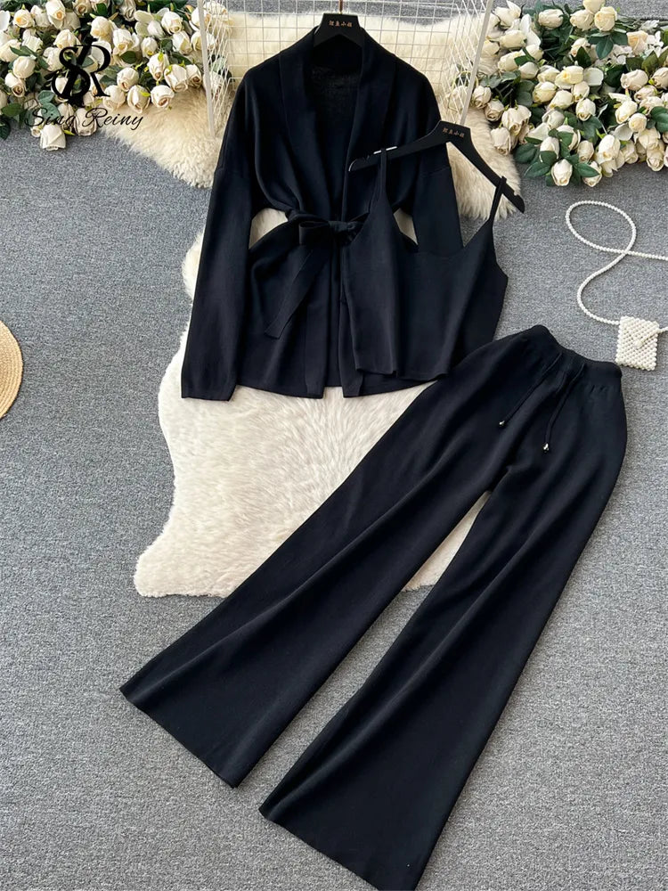 SINGREINY Office Lady Three Pieces Suits Loose Belt Cardigan+Tank Tops+Drawstring Wide Legs Long Pants Autumn Fashion Solid Sets