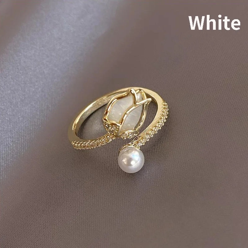 Luxury Fashion Tulip Flower Pearl Rings for Women Temperament Pearl Zircon Adjustable Opening Ring Elegant Wedding Party Jewelry