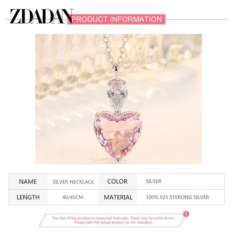 ZDADAN 925 Silver Pink Zircon Necklace Chains For Women Fashion Jewelry