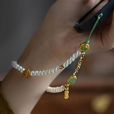 Natural freshwater pearl mobile phone chain lanyard for men and women Hotan Jade gourd art wrist pendant