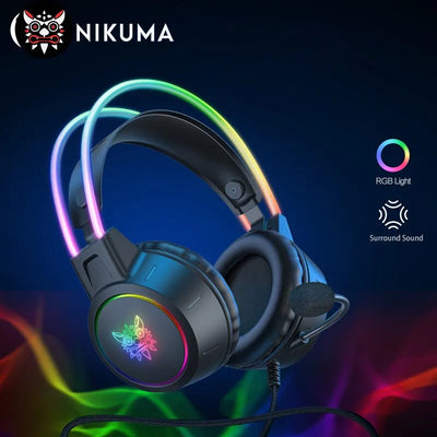 ONIKUMA X15 Pro Over-Ear Headphones Gaming Headset Wired Cancelling Earphones Pink Cat Ears Rgb Light With Mic For PC PS4