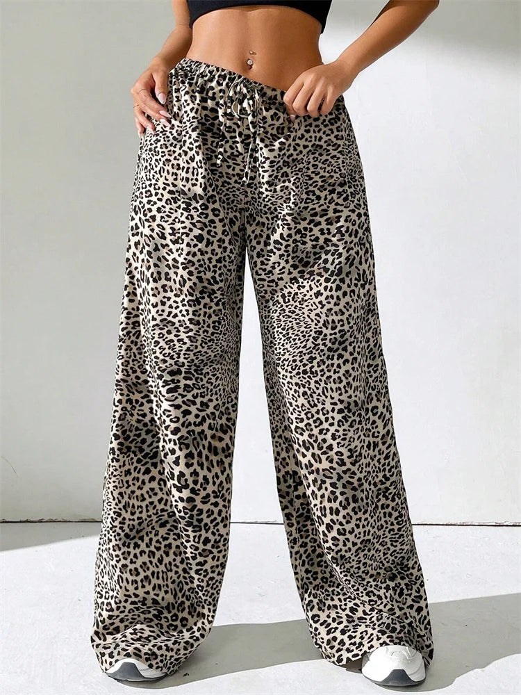 Women's Leopard Printed Drawstring Long Pants Autumn Winter 2024 Vintage Drawstring Elastic Waist Loose Trousers Streetwear