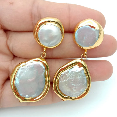 Cultured White Coin Pearl yellow Gold Plated Stud Earrings