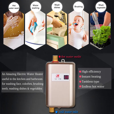 3800W Electric Water Heater Instantaneous Hot Shower Flow Fast Heating Kitchen Bathroom Stainless Steel Tankless Water Heater