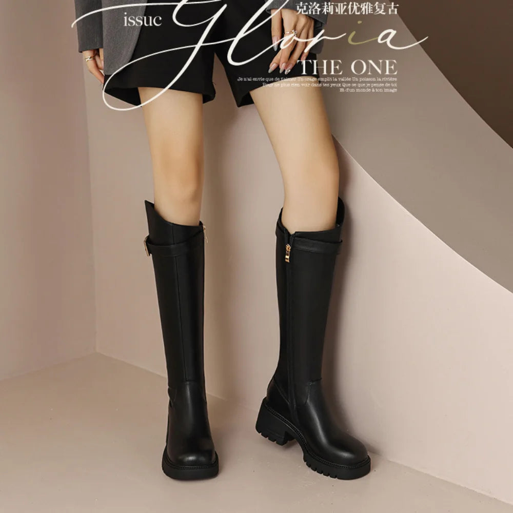 Autumn Winter New Leather Soft Sole Casual Warm Waterproof Single Boot Fashion Side Zipper Long Sleeve Knight Boot