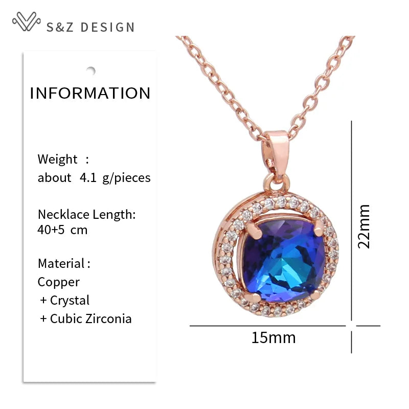 S&Z DESIGN New Fashion 585 Rose Gold Color Square Crystal Pendant Necklace For Women Wedding Cubic Zirconia Jewelry Gift