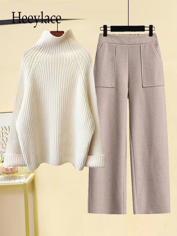 Fall Winter Warm Two Piece Sets Womens Outfit Office Ladies Elegant Turtleneck Knitted Loose Sweater And Woolen Pants Sets 4XL