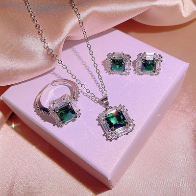 High Quality Emerald Square Set 925 Stamps Luxury Full Diamond Pendant Opening Ring Fashion Jewelry Party Wedding Gift