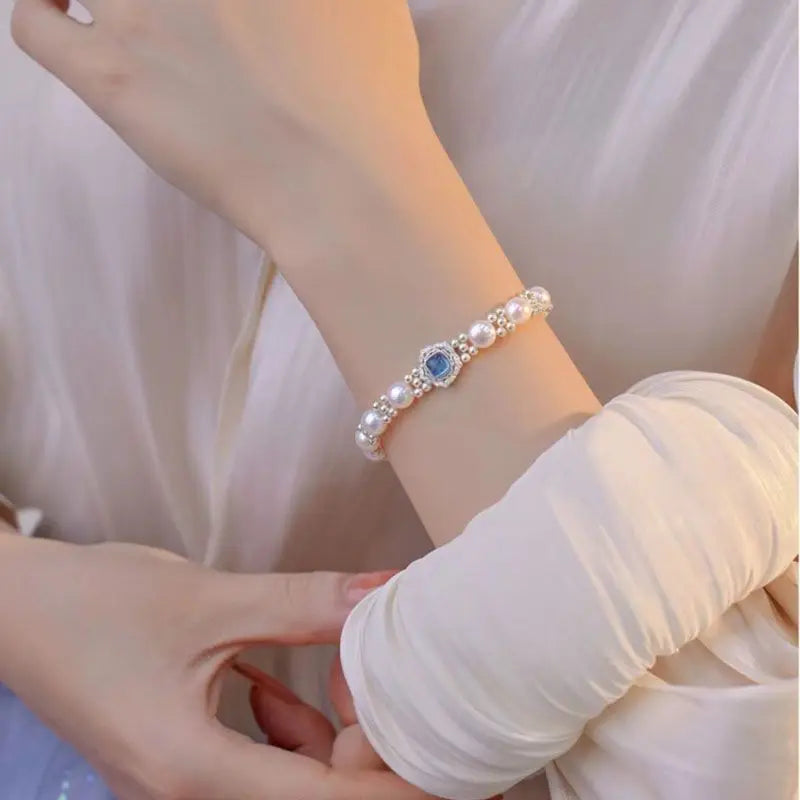 2024 New Design Aquamaro Pearl S925 Sterling Silver Bracelet Niche Personalized Gift Light Luxury Women's High-end Jewelry