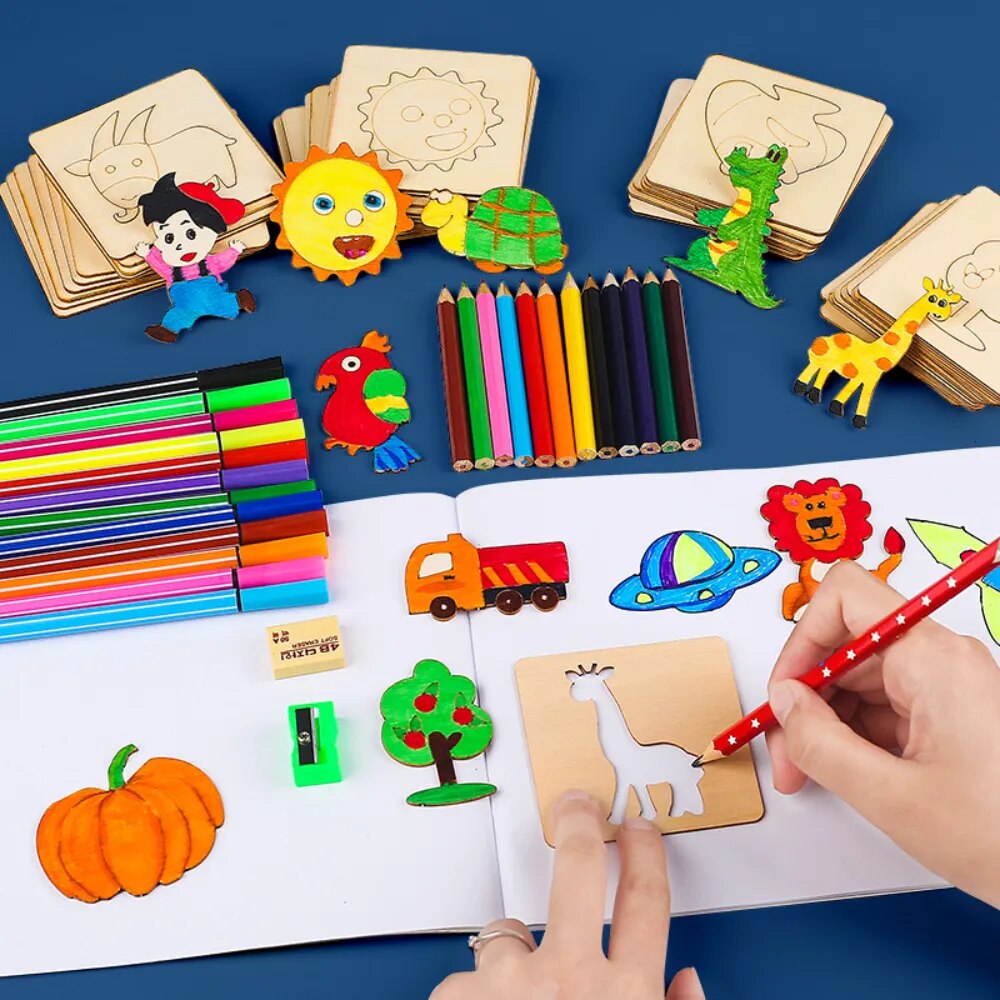 20/32Pcs Montessori Kids Drawing Toys DIY Painting Stencils Template Wooden Craft Toys Puzzle Educational Toys for Children Gift