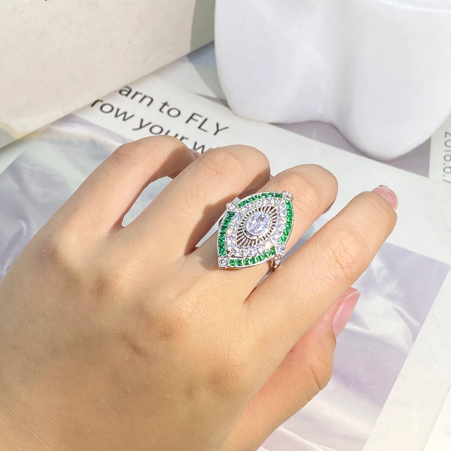 Vintage Fashion Jewelry 925 Stamp Fill White&Green AAA Cubic Zirconia CZ Princess Cut Office Party Wedding Band Ring For Women