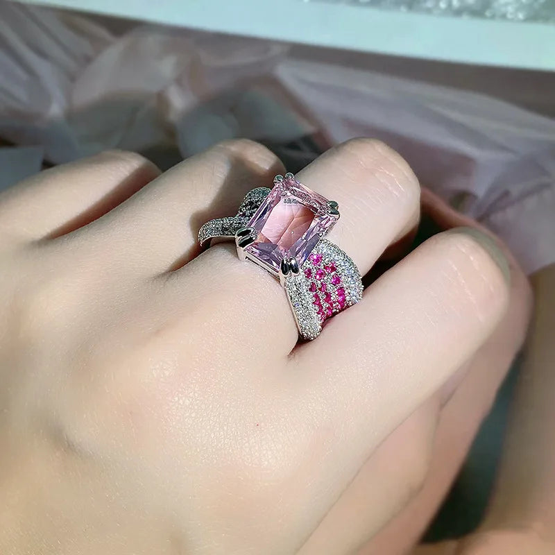 925 silver high-definition pink diamond ring female personality opening pink four-claw gemstone ring female party birthday gift