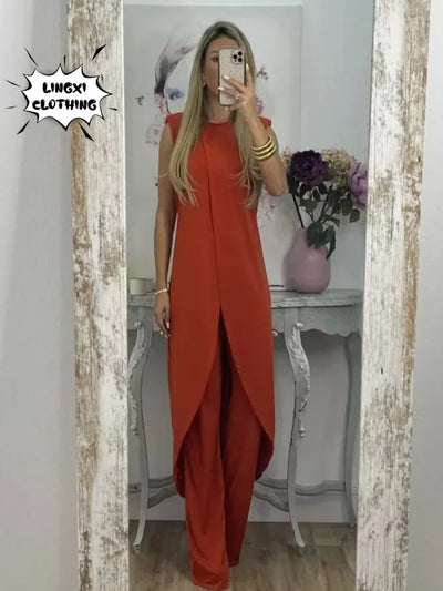 2023 Autumn Fashion New Casual Sleeveless Loose Round Neck Pants Women's Two Piece Set Elegant Temperament Long Top Set