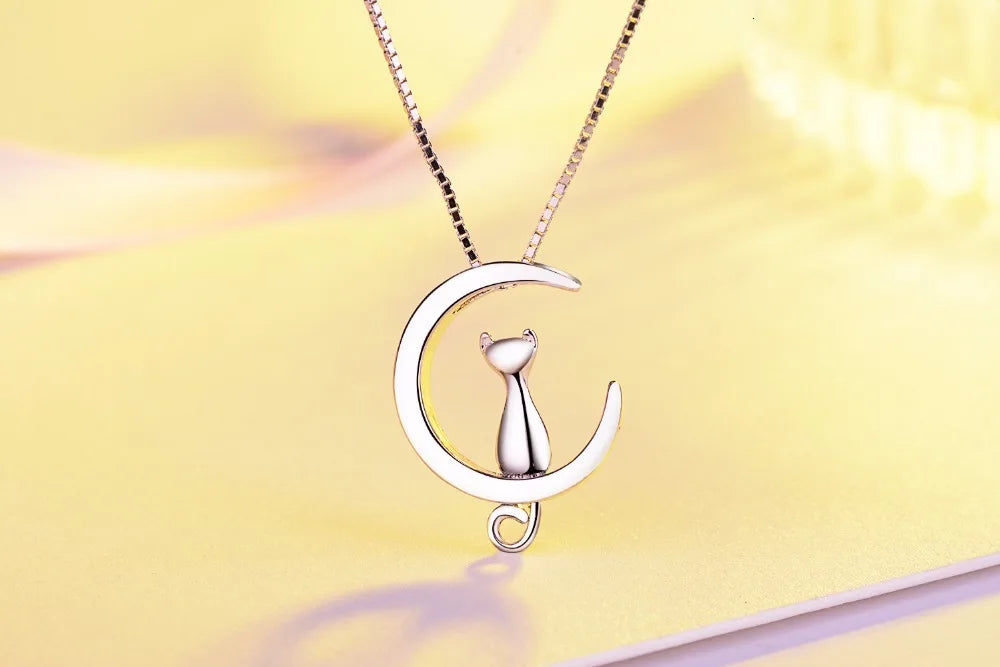 925 Sterling Silver Necklace For Women Moon Kitten Cat Necklaces & Pendants Link Chain Kolye S-n187