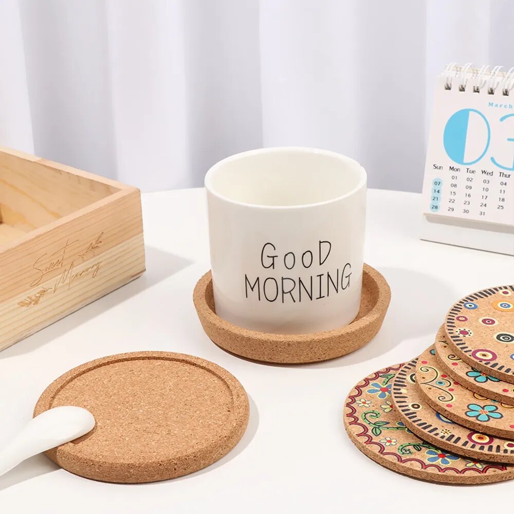 4pcs/set Printed Cork Coaster Round Cup Mat Tea Coffee Mug Drinks Holder Natural Wooden Table Mat Kitchen Tableware Placemat