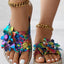 Women Fashion Casual Shoes Flat Vacation Holiday Holographic Braided Floral Pattern Toe Post Beach Flip Flops