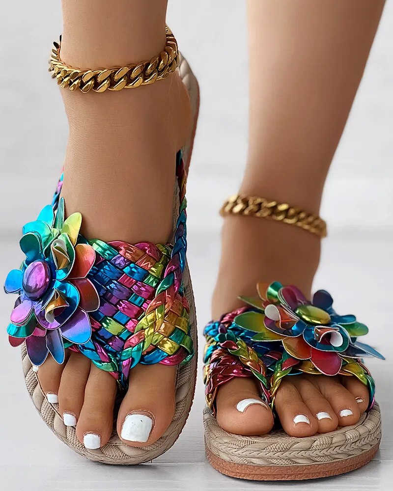 Women Fashion Casual Shoes Flat Vacation Holiday Holographic Braided Floral Pattern Toe Post Beach Flip Flops