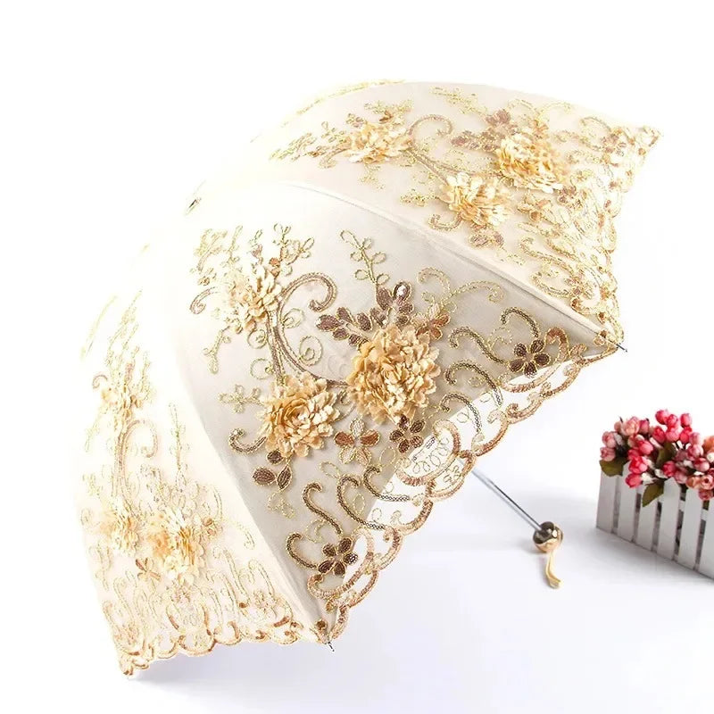 Luxury Flower Sun Umbrella Women Dual Folding Double Layer Lace Embroidery Clear Windfroof Rain Umbrella for Wedding Gifts