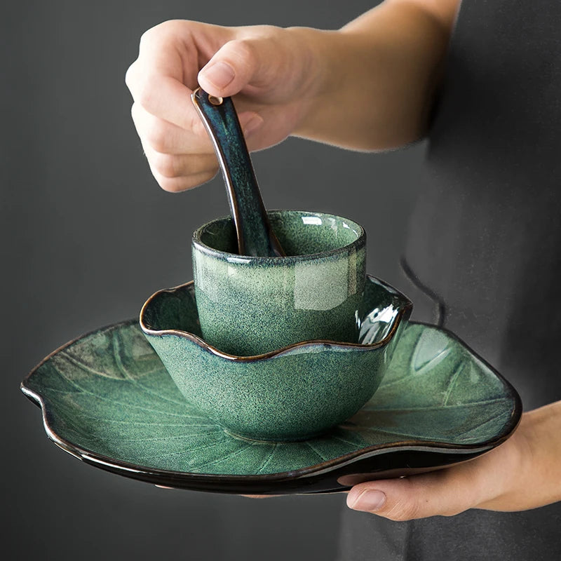 Japanese Lotus Leaf Hotel set vintage kiln-changing tableware bowl set single restaurant bowl spoon cup