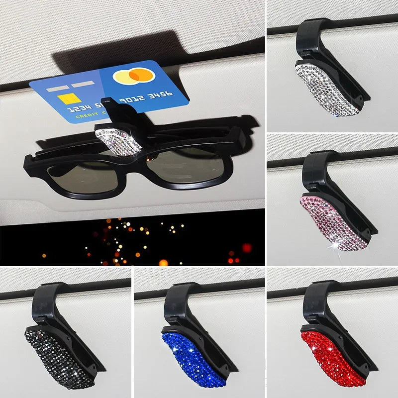 Sun Visor Mount Sunglasses Clip Holder Rhinestone Bracket Portable Sunglasses Car Crystal Clip Decoration/Travel Accessories