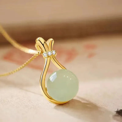 Stainless Steel Fashion light green jade Pendant  Necklaces For Women Trendy Retro Style Female Clavicle Chain Jewelry