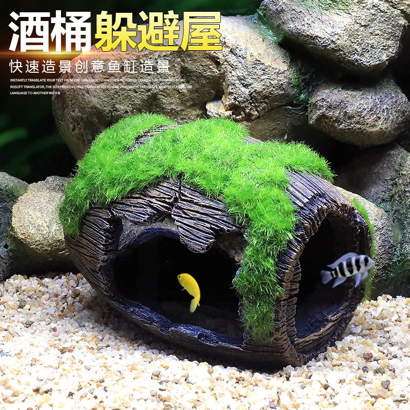 Fish Tank Landscaping Decoration Hiding Cave Aquarium Decoration Hiding House Hollow Simulated Wine Barrel Aquarium Accessories