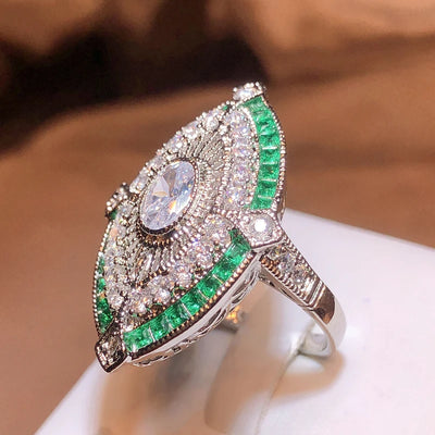 Vintage Fashion Jewelry 925 Stamp Fill White&Green AAA Cubic Zirconia CZ Princess Cut Office Party Wedding Band Ring For Women