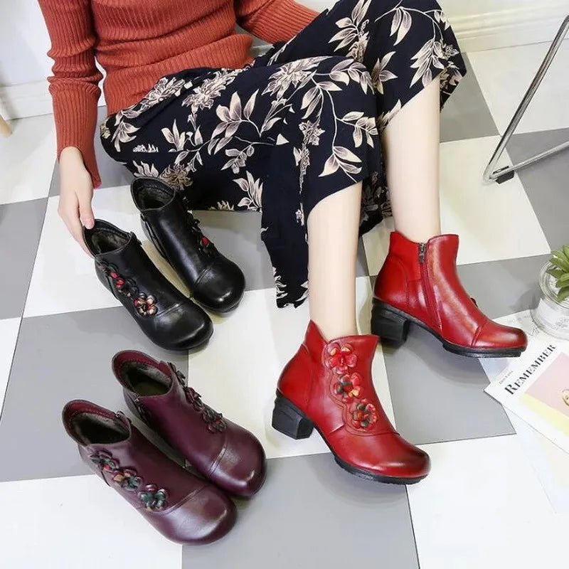 YAERNI Autumn Winter Shoes Woman Cow Leather Flower Shoes Comfort Med Heel Ankle Boots Genuine Leather Fashion Shoes women