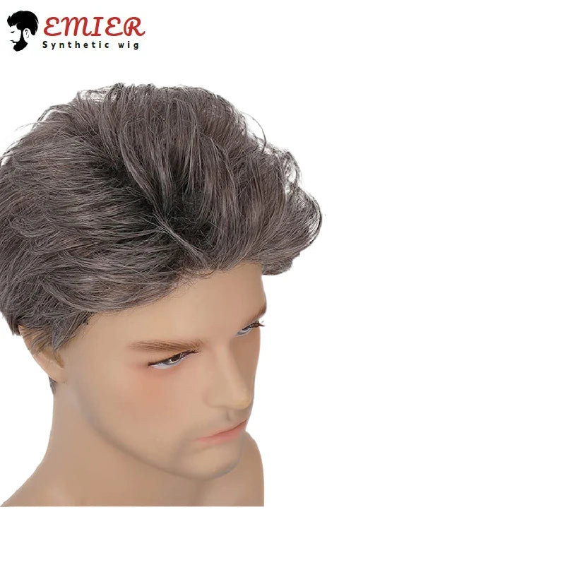 Short Mens Grey Wig Layered Natural Hair Mixed Grey Hair Heat Resistant Straight Synthetic Wigs With Bangs Cosplay Daily Use Wig