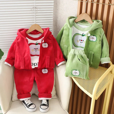 Children's Autumn Winter Set Cartoon Velvet Hoodie Boys Girls Top and Pants 3PCS Set Children's and Toddler Warmth Set 0-4Y