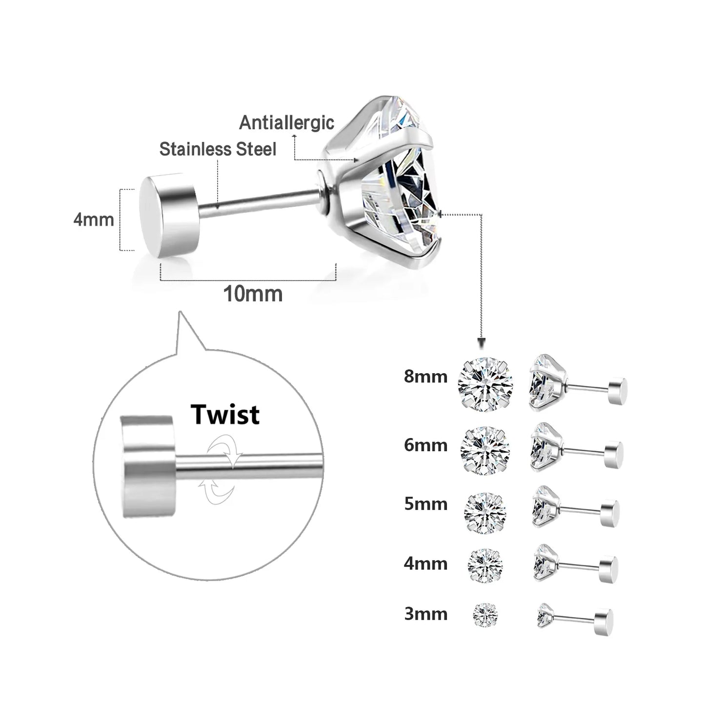 LUXUSTEEL 1Pairs/2Pcs Stainless Steel Crystal Studs Earrings For Women Men 4 Prong Tragus Round Clear Cubic Zirconia Ear Jewelry