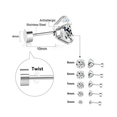 LUXUSTEEL 1Pairs/2Pcs Stainless Steel Crystal Studs Earrings For Women Men 4 Prong Tragus Round Clear Cubic Zirconia Ear Jewelry