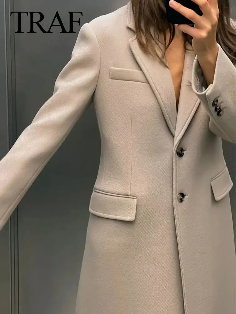 TRAF 2024 Women Fashion Winter Coats Turn Down Collar Loose Long Cardigan Coat Woman With Pockets Outerwear Female Jacket